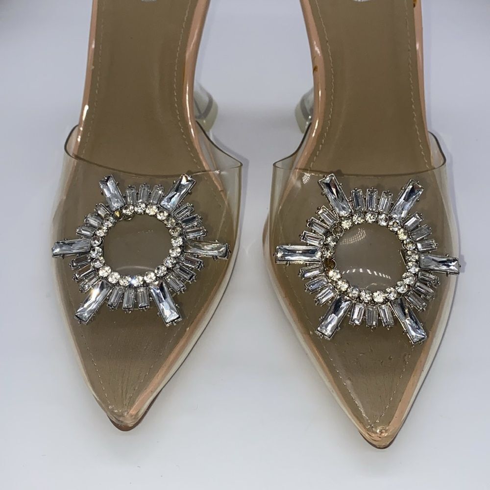 ✨ Stunning Diamond Perspex Heel Mule Nude Patent Clear Lucite Pumps✨ - Picture 8 of 12
